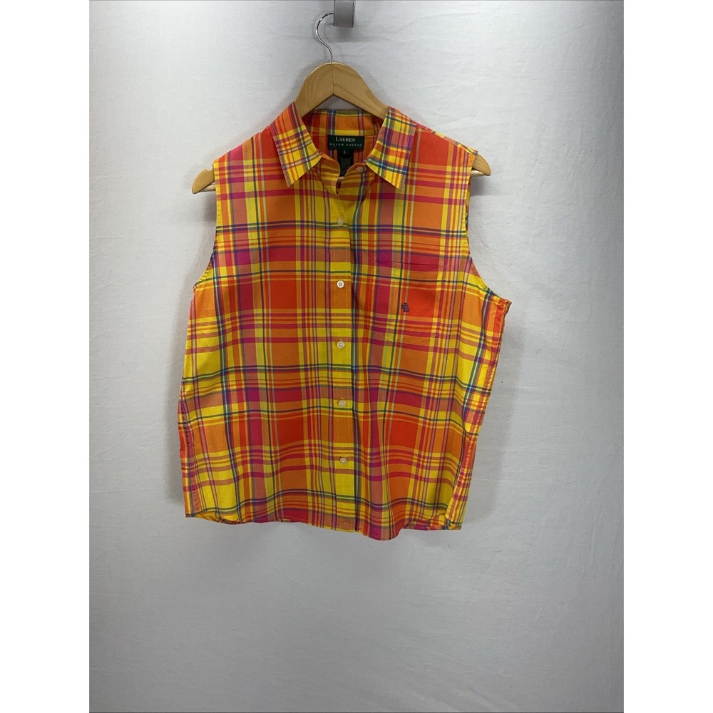 Vintage Lauren Ralph Lauren Cotton‎ Sleeveless Top L orange Plaid Button Down